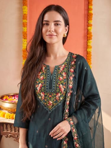 Image of INDO ERA Women's Silk Blend Floral Embroidered Thread Work Kurta & Pant with Dupatta Set