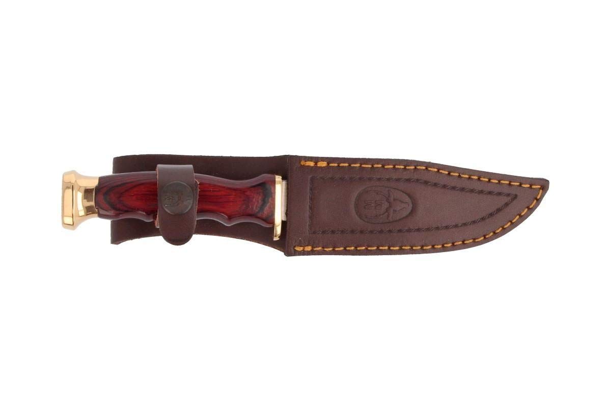 Muela Cuchillo de caza COMF-10 con hoja de acero inoxidable ACX-380 de 10 cm y empuñadura de madera de coral para Caza, Pesca, Supervivencia y Bushcraft + Portabotellas de regalo