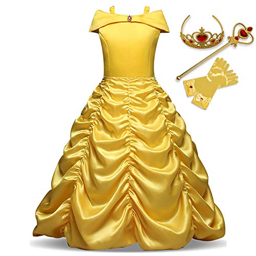 Nileafes Girl Princess Dress Off Shoulder Layered Costume Kids Birthday Party Cosplay Clothes (6-7 Years,Yellow)