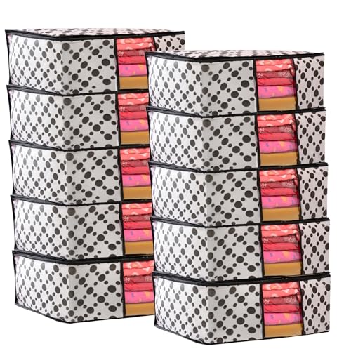 Image of Non-Woven Saree Covers with Zipper & Transparent Window | Clothes Storage Bags for Wardrobe Organization | White Dustproof Garment Storage box with Black Dot for Sarees and Clothes (Pack of 10)