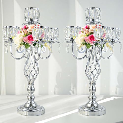 23.2 inch Tall Elegant and Chic 5 Arm Pendant Crystal Candlestick Holder Table Decoration tealight Candle Holder Candelabra for Gorgeous Wedding/Parties Table Centerpiece (2 Silver)