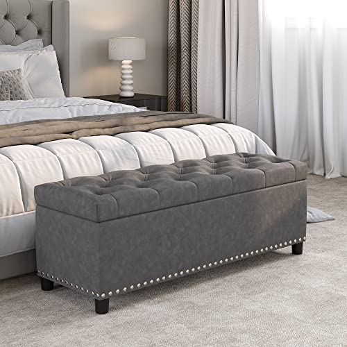 Image of BELLEZE Storage Ottoman, Tufted Ottoman with Close Hinge, Foot Rest for Living Room (Rustic Gray, 47 inch)