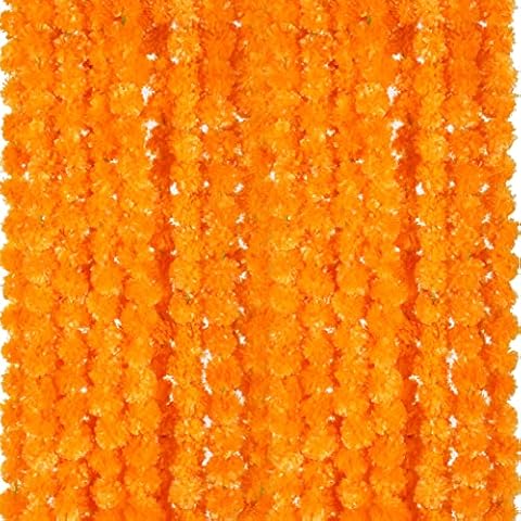 Giegxin 15 Pack Marigold Garland 5 ft Long Strands Day of Dead Faux Marigold Flowers Diwali Decor Artificial Marigold Flowers Indian Decor for Wedding, Valentine, Easter Events(Light Orange) Cover