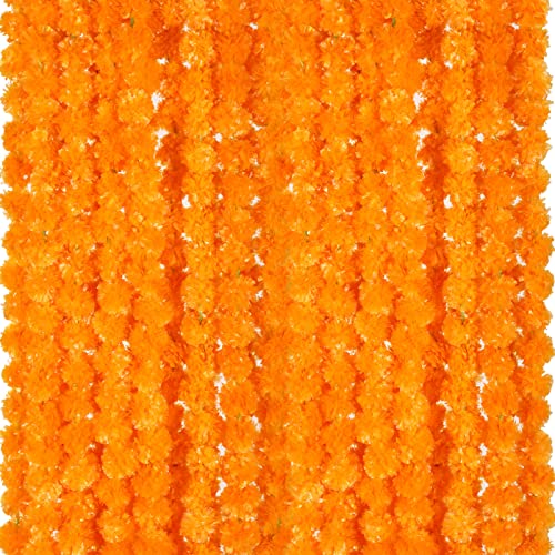 Giegxin 15 Pack Marigold Garland for Decoration 5 ft Long Strands Faux Artificial Marigold Flowers for Dia De Los Muertos Diwali Indian Wedding Party Decorations(Light Orange)