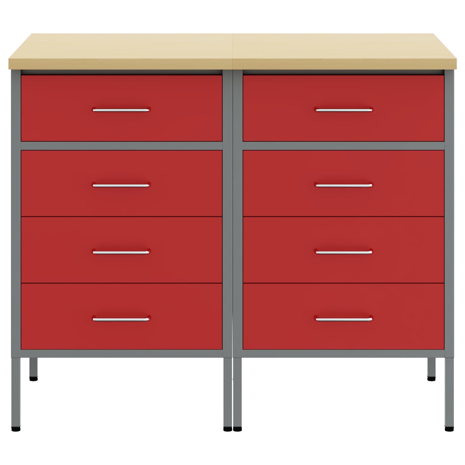 Stół warsztatowy z szufladami, 2 szt., kolor czerwony i szary, z drewna i stali, 100 x 55 x 85 cm, szafka warsztatowa z 8 szufladami, do garażu, piwnicy, pomieszczenia hobbystycznego, porządku