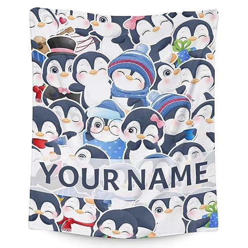 Custom Penguin Blankets with Name - Soft Warm Blanket Throw for Kids, Adults - 30"x40" Small Blankets for Couch, Work - Blue Cute Blanket Gifts