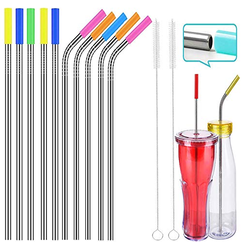 DOLYUU Strohhalme Edelstahl Strohhalme Wiederverwendbar, 10 Metall Trinkhalme Im Set, Mit 2 Reinigungsbürsten, 10 weiche Düsen,Umweltfreundlich, Ungiftig, Waschbar, Ideal Für Smoothie, Milchshake.