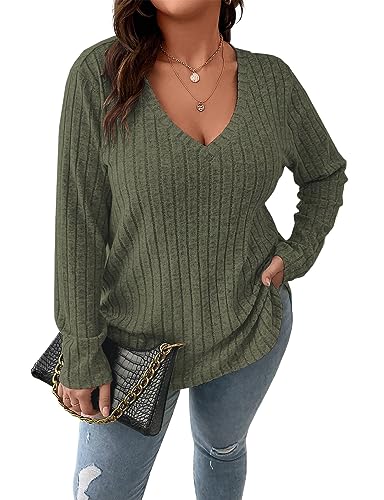 Image of Koscacy Women Plus Size Casual Knit Sweater V Neck Solid Color Tops Lightweight Long Sleeve Blouses