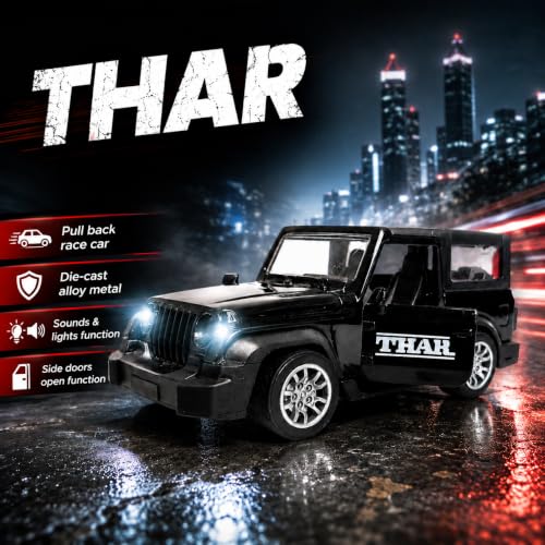 Image of Thar Die-Cast Metal Toy Car 1:32 Scale Pull Back Model Car with Openable Doors, LED Lights & Sound, Alloy Metal Body, Mini SUV Vehicle Toy for Kids Boys Girls & Collectors (3+ Years)