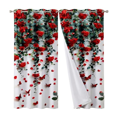 Image of Digital Printed Curtain with Pink Rose and Butterfly Design, 7 Feet, Grommet Top, White (4, Rose, 7 Feet)