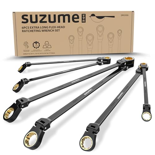 Image of Extra long flex head ratcheting wrench set 6PCS Metric (8-19 mm) double box end ratcheting wrench set with180 Flex Head Black Electrophoretic Coating ratchet wrenches set for Auto Machine Repair