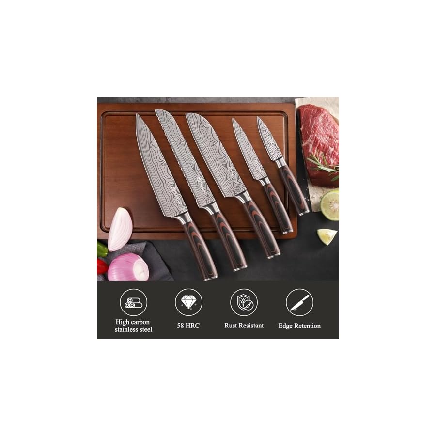 Sunnecko Kitchen Knife Set 5 Piece Chef Knife Set Professional High Carbon Stainless Steel, Sharp Kitchen Knives with Wooden Handle