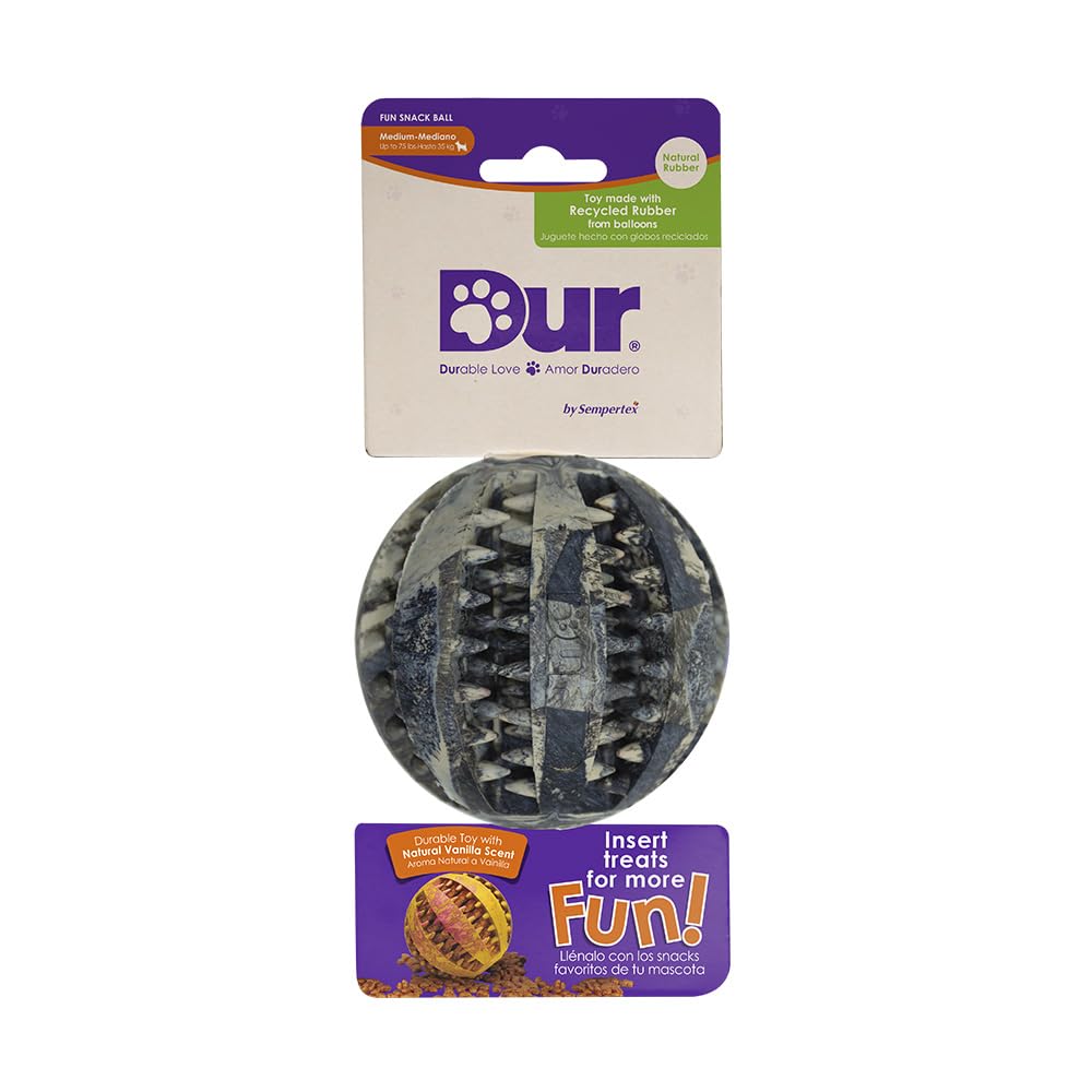 DUR Dog Treat Ball, Black, Vanilla Scent, Durable Recycled Rubber, Interactive and Near Indestructible Dog Chew Toy
