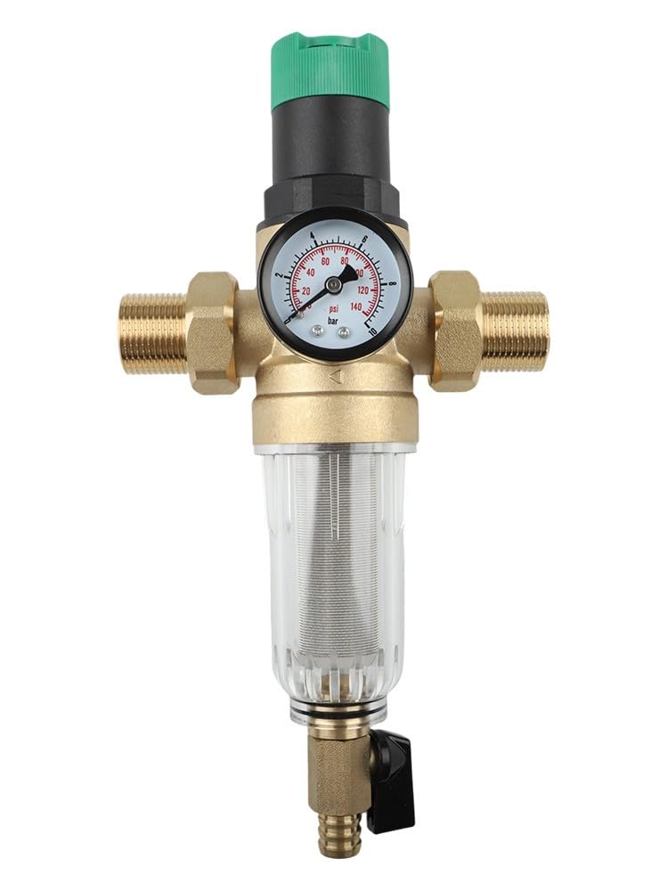 1x 3/4 Zoll Messing Druckregler mit Vorfilter und 40µm Edelstahl Sieb, 8 bar Max Eingangs­Druck, Wiederverwendbarer Sedimentfilter für Sauberes Wasser, Einfach zu Reinigen, Geeigne