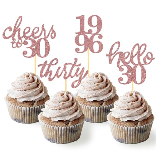 24 Stück Glitzer 30. Geburtstag Cupcake Topper Geburtstagsdeko von 1996 für 30 Geburtstagsfeier Zubehör Party Dekoration Kuchendekoration (Neu Rose Gold)