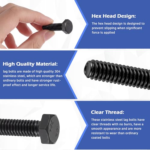 Image of Zonon 50 Pcs 1 /4-20 x 1 Hex Head Screw Bolt 18-8 (304) Stainless Steel Hexagon Bolts, Fully Threaded, Plain Finish, External Hex Drive (Black)