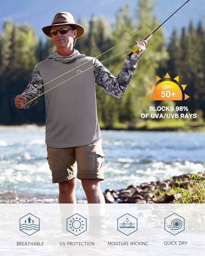 Image of FISHEAL Men's Performance Fishing Hoodie Shirt - UPF 50+ UV Sun Protection Long Sleeve Shirts with Mesh Face Mask