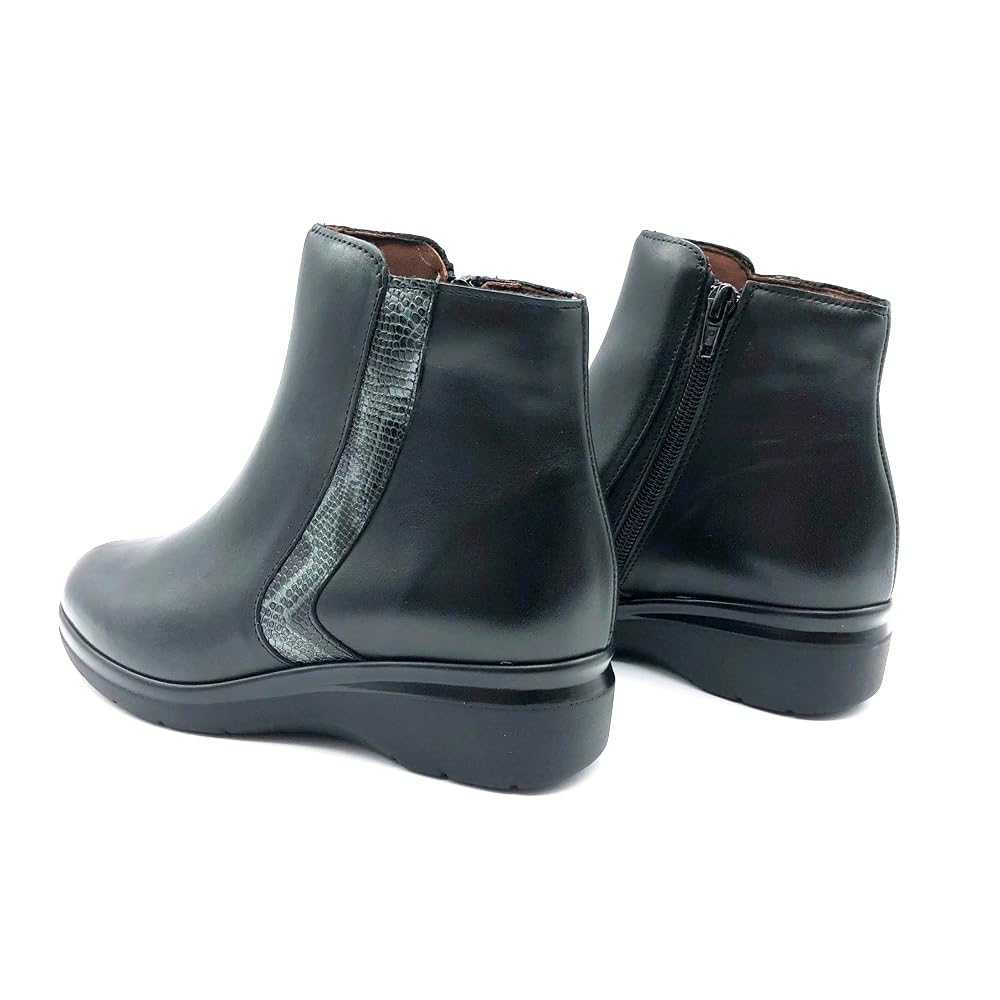 Pitillos - 10725 Botín de Mujer en Piel Napa con Detalle Serpiente, Plantilla Acolchada Extraíble, Cremallera Lateral, Cuña 4 cm, Suela Ligera Antideslizante – Negro, Hecho en España para: MUJER