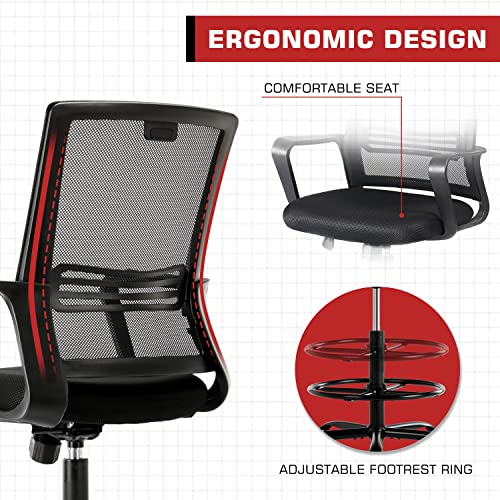 Homefla Mid-Back Mesh Drafting Chair - Tall Office Chair With Armrest Standing Desk Chair Counter Height With Adjustable Foot Ring (Black) #TOP4