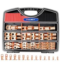 Kuject 120PCS Battery Cable Ends AWG 1 2 4 6 8 1/0 2/0 Gauge, 60PCS Heavy Duty Copper Wire Lugs Kit, Battery Cable Terminal Connectors Assortment with 60PCS 31 Heat Shrink Tubing