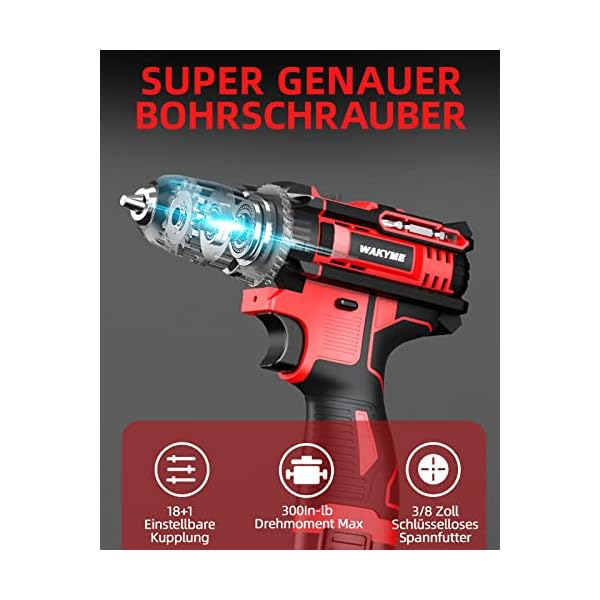 WAKYME Akkuschrauber 12,6 V Bohrmaschine 30 Nm, 18 + 1-Kupplung, 3/8"Keyless Chuck, Variable Geschwindigkeit und Eingebauter LED-Elektroschrauber mit 2 1500-mAh-Batterien Kabellose Bohrschrauber – Bild 3