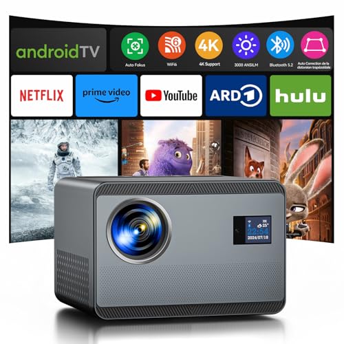 Vidéoprojecteur 4K avec Netflix, 30000 lumens 1000 ANSI autofocus/Correction trapézoïdale WiFi6 Bluetooth, 1080P Full HD Projecteur Home Cinéma, LED Vidéoprojecteur Android Youtube/Prime Video