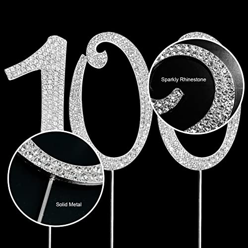 Number Cake Topper 100, Uniideco Silver Rhinestone Premium Metal Bling Bling Cake Decor, Sparkly Happy Birthday Wedding Anniversary Party Decoration Centerpiece #TOP4