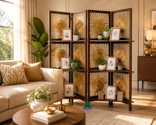 Image of Elegant Wooden Room Divider Screen with Shelves | Foldable 4 Panel Privacy Partition Wall Featuring Golden Sunburst Art Design for Home, Living Room & Workspace