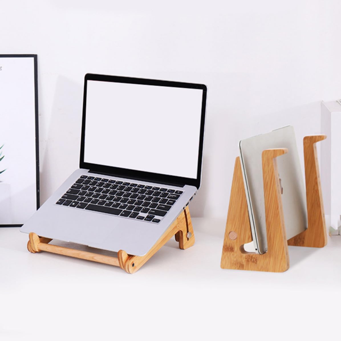 Supporto per Laptop Regolabile in Phyllostachys Pubescens Beige | Smontabile, Rialzo in Altezza, per Scaffale, Stile Semplice ed Elegante