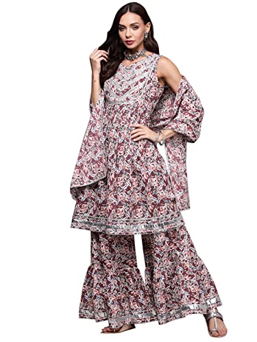 Image of anubhutee Women's Cotton Mauve Gota Patti Floral Printed A-Line Kurta Suit Set with Sharara and Dupatta