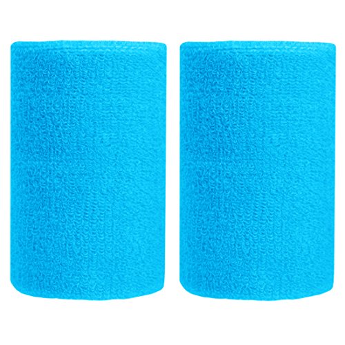 BBOLIVE 4' Inch Wrist Sweatband in 28 Different Neon Colors - Athletic Cotton Terry Cloth - Great for All Outdoor Activity(1 Pair) (Sky Blue)
