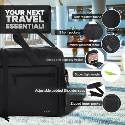 Bago Large Foldable Duffel Bags for Traveling Women & Men - 80L Packable Duffle Bag for Travel with Shoe Compartment - Water Repellant, Heavy Duty, Lightweight Folding & Collapsible (All Black)3