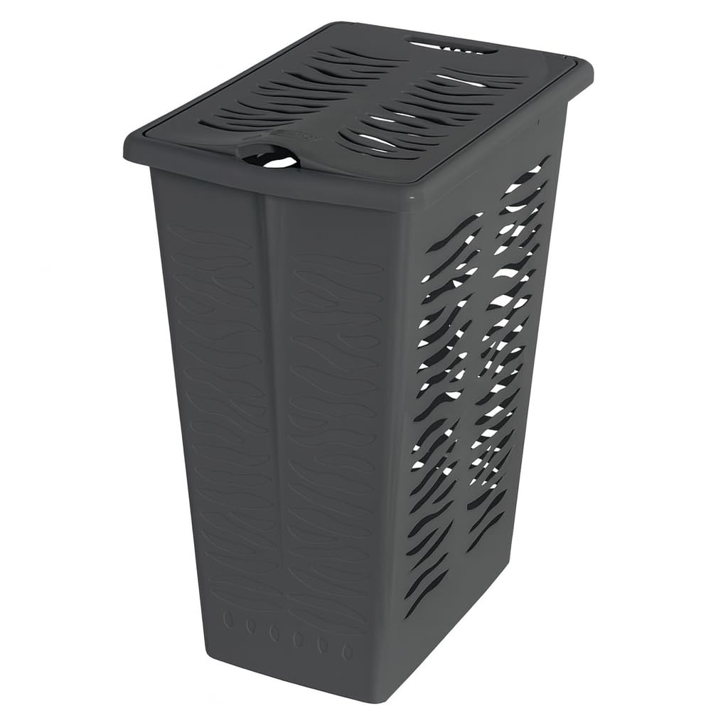 Slim 30 Litre Laundry Hamper with Lid - Zebra Print Ventilated Plastic Laundry Basket for Bathroom, Bedroom & Utility - Space Saving Laundry Bin (Anthracite)