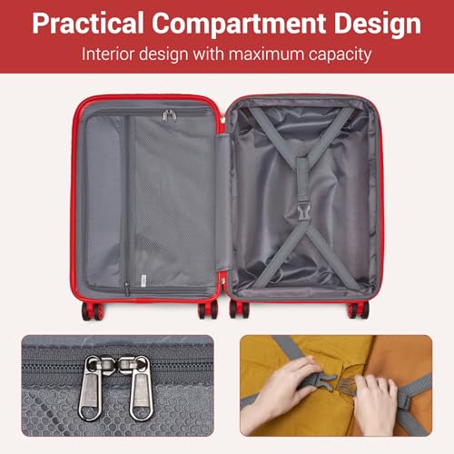 Image of Kono Carry On Luggage 24 Inch Checked-Medium Hard Shell Travel Trolley 4 Spinner Wheels Lightweight Polypropylene Suitcase with TSA Lock, Red