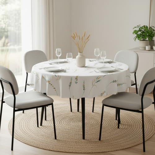 Image of HOMEMONDE 100% Cotton Premium Dining Round Table Cover, 45 x 45 Inches Floral Printed Table Cloth 4 Seater, Round Table Cover - (114 x 114 CM, Leafscape - Yellow & Green)
