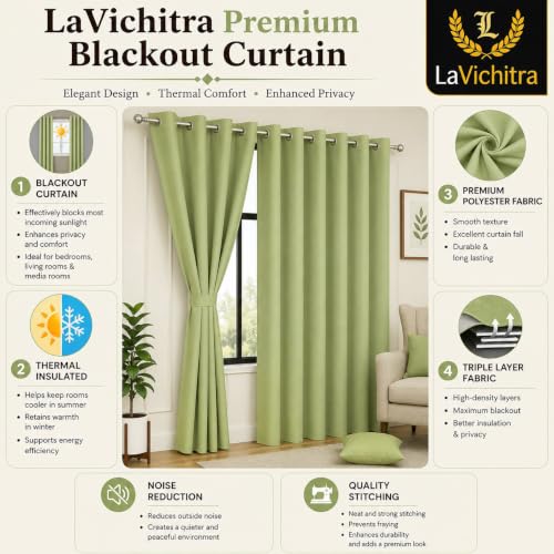 Image of LaVichitra 1 Piece Solid Premium Blackout Curtain - Thermal Insulated, 3 Layered, 100% Opaque Window - 6 feet, Light Green