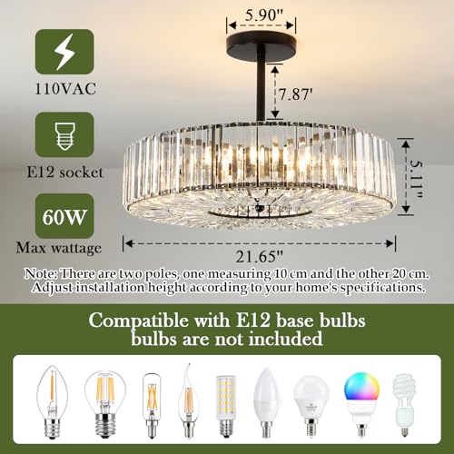 Image of Piepooye 8 Lights Modern Large Crystal Chandelier Black Round Semi Flush Mount Ceiling Light Fixture Farmhouse Chandelier for Dinning Room Living Room Bedroom Hallway Entryway Kitchen