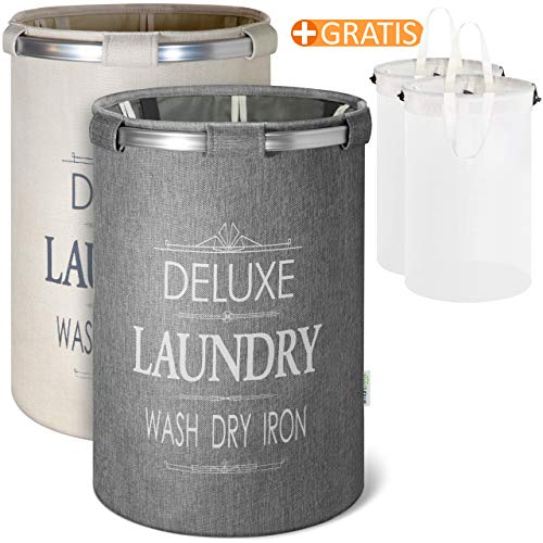 smartpeas Juego de cestos Redondos Gris para la Ropa - 2 Bolsas de Almacenamiento de Ropa de Lino con Anillo de Aluminio - Las cestas de Ropa Incluye 2 Redes de Malla Gratis