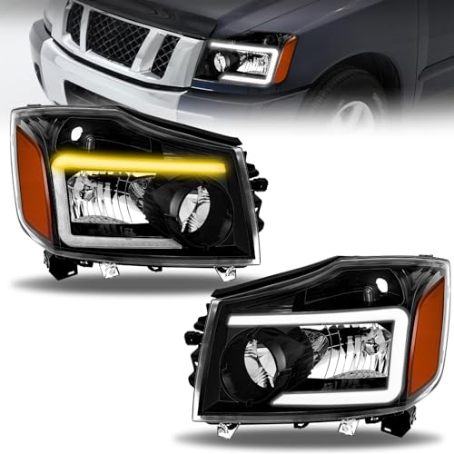 ELH LED Headlight Assembly SEQ Turn Signal Day Running Light Fit For 2004-2015 Nissan Titan / 2005-2007 Armada Driver and Passenger Side Head Lamp Black Housing Amber Reflector