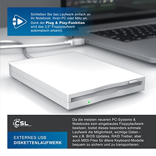 CSL - Externes USB Diskettenlaufwerk FDD 1,44MB 3,5 Zoll - PC und MAC - Slimline Floppy Disk Drive Extern - Portable - Plug and Play - in weiß - Windows 11 fähig