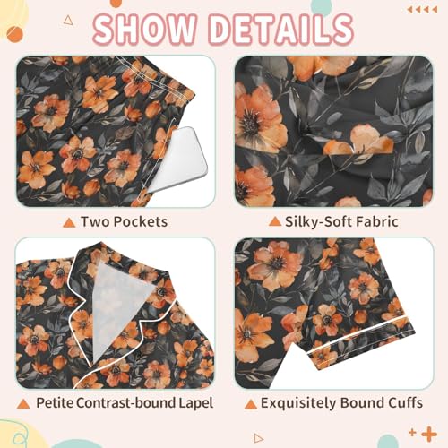 senya Orange Flower Black Satin Summer Pajama Sets Silk Short Sleeve Button Down Sleepwear3