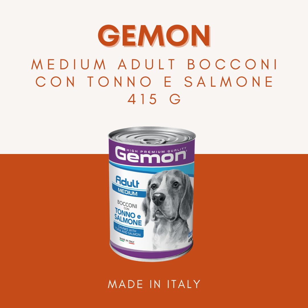GEMON Cane Medium Adult Bocconi con Tonno e Salmone | alimento umido completo per cani adulti di taglia media, High Premium Quality, Made in Italy, 6 lattine da 415 grammi.