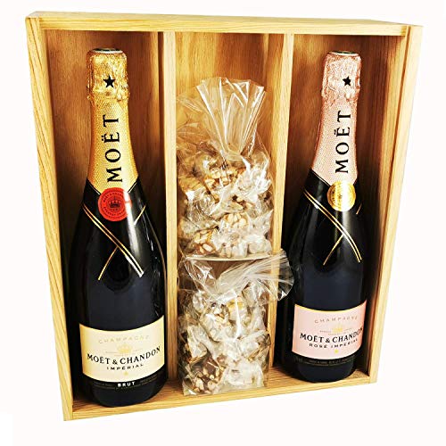 Champagne Moet & Chandon - Impérial Brut/Rosé & 2 * 150 gramos Nougadets negros - Jonquier Deux Frères - En caja de madera