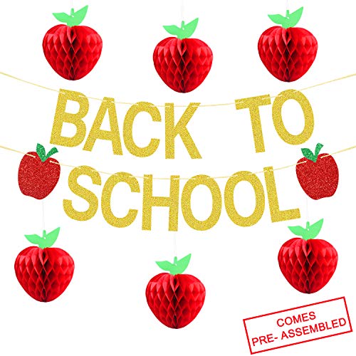 Partyprops Back To School Banner Gold Glitter -Back to School Party Decorations Supplies -First Day of School Banner | Honeycomb Tissue Paper Apple Hanging Decor -School Classroom Office Hanging Decor