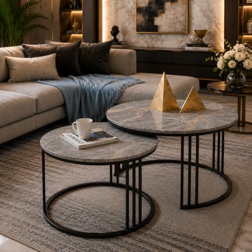 Image of Coffee Table Round Sofa Small Side Table Nesting Table, Modern Negotiation Table Combination Table, Suitable for Living Room Bedroom Side Table (Black Grey)