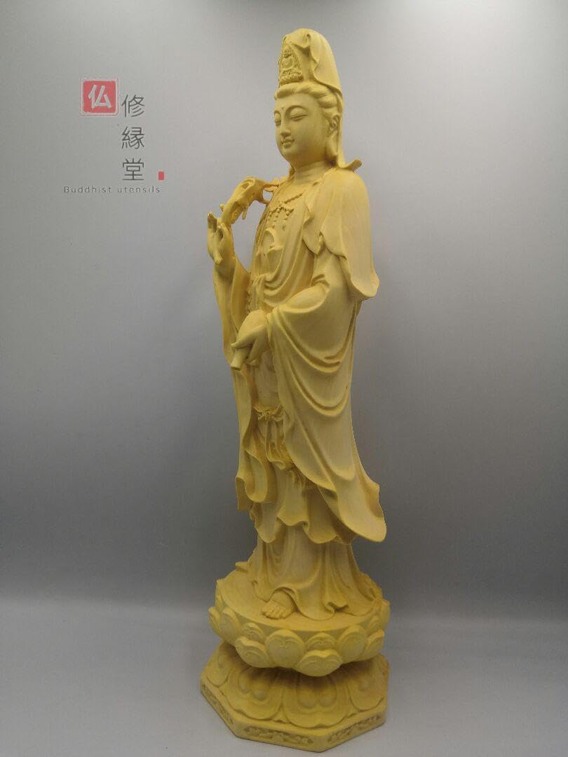 Amazon｜修縁堂極上彫 木彫仏像 観音菩薩立像 彫刻 仏教工芸品 柘植材 