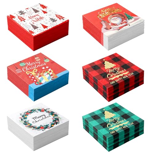 120 servilletas navideñas de 2 capas (33 x 33 cm), servilletas navideñas, servilletas de invierno, Navidad, invierno, estrellas, nieve, muñecos de nieve, perfectos para la mesa de Navidad (6 estilos)