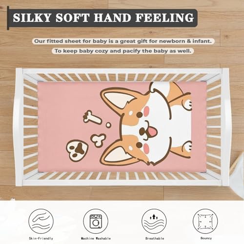 Image of Cute Corgi Crib Sheets for Baby Girls Crib Sheets for Standard Crib Mattress Cover Breathable Soft Fitted Crib Sheet (28''x 52'') Crib Sheets, Pink, Puppy Dog, BZA16