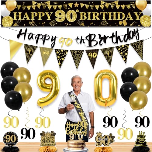 Image of 90th Birthday Decorations for Men, Black Gold 90th Party Decoration Kits | 27pcs Happy 90th Birthday Set, Banner, Honeycomb, Balloons, Gold Number, Candle, Hanging Swirls, Cake Topper, Party Supplies