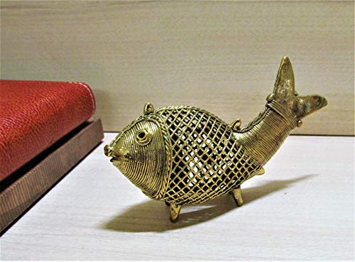 Image of Dhokra Metal Handcrafted Collectible Figurine of Small Netted Golden Fish for Home Decor | Desk Decor (12 cm)